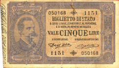 WAHRCARTAMONETA - BIGLIETTI DI STATO - Umberto I (1878-1900) - 5 Lire 25/10/1892 - Serie 651-1222 Alfa 47; Lireuro 10C RR Dell'Ara/Righetti; con matri...