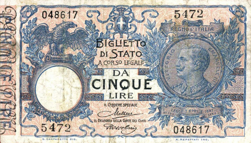 WAHRCARTAMONETA - BIGLIETTI DI STATO - Vittorio Emanuele III (1900-1943) - 5 Lir...