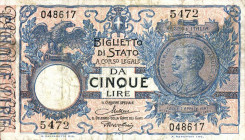 WAHRCARTAMONETA - BIGLIETTI DI STATO - Vittorio Emanuele III (1900-1943) - 5 Lire 10/09/1923 - Serie 4751-6000 Alfa 56; Lireuro 12F Maltese/Rossolini...