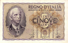 WAHRCARTAMONETA - BIGLIETTI DI STATO - Vittorio Emanuele III (1900-1943) - 5 Lire 1940 - XVIII Alfa 60; Lireuro 13A Grassi/Porena/Cossu
 Grassi/Poren...