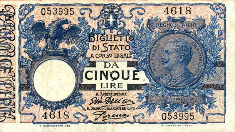WAHRCARTAMONETA - BIGLIETTI DI STATO - Vittorio Emanuele III (1900-1943) - 5 Lir...
