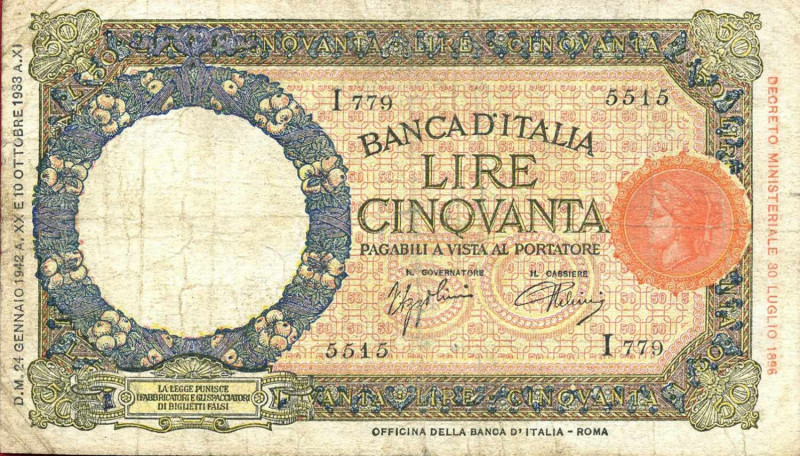 WAHRCARTAMONETA - BANCA d'ITALIA - Vittorio Emanuele III (1900-1943) - 50 Lire -...