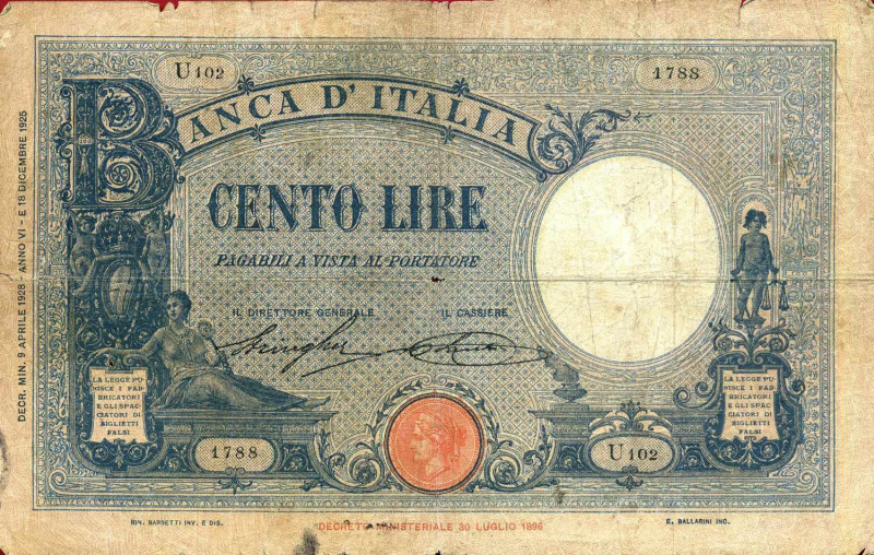 WAHRCARTAMONETA - BANCA d'ITALIA - Vittorio Emanuele III (1900-1943) - 100 Lire ...