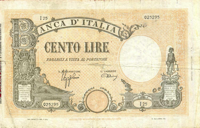 WAHRCARTAMONETA - BANCA d'ITALIA - Vittorio Emanuele III (1900-1943) - 100 Lire ...