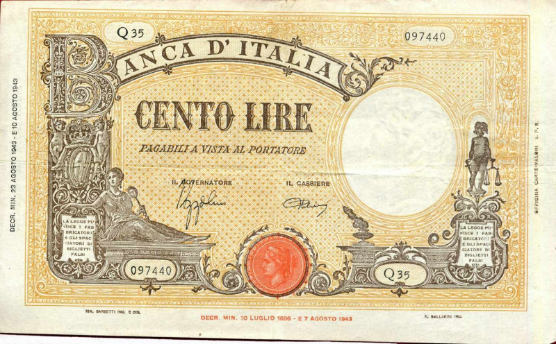WAHRCARTAMONETA - BANCA d'ITALIA - Vittorio Emanuele III (1900-1943) - 100 Lire ...