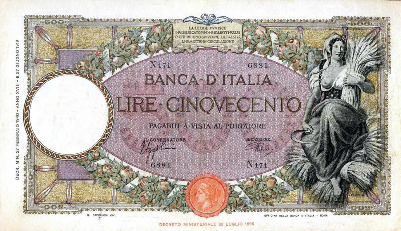 WAHRCARTAMONETA - BANCA d'ITALIA - Vittorio Emanuele III (1900-1943) - 500 Lire ...