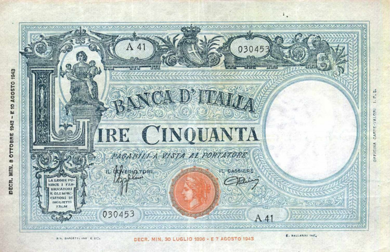 WAHRCARTAMONETA - BANCA d'ITALIA - Repubblica Sociale (1943-1945) - 50 Lire - Ba...