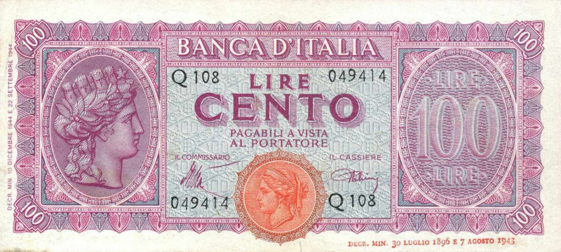 WAHRCARTAMONETA - BANCA d'ITALIA - Luogotenenza (1944-1946) - 100 Lire - Italia ...