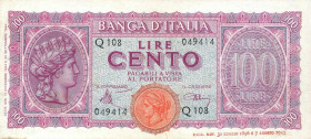 WAHRCARTAMONETA - BANCA d'ITALIA - Luogotenenza (1944-1946) - 100 Lire - Italia Turrita 10/12/1944 Alfa 425; Lireuro 25A Introna/Urbini
 Introna/Urbi...