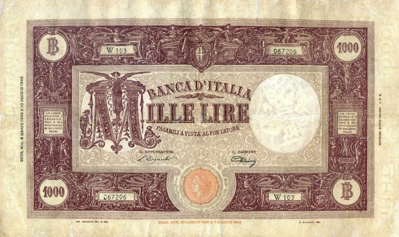 WAHRCARTAMONETA - BANCA d'ITALIA - Luogotenenza (1944-1946) - 1.000 Lire - Barbe...