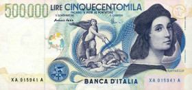 WAHRCARTAMONETA - BANCA d'ITALIA - Repubblica Italiana (monetazione in lire) (1946-2001) - 500.000 Lire - Raffaello Alfa 950sp; Lireuro 86Aa RR Sostit...