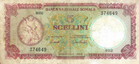 WAHRCARTAMONETA - COLONIE ED OCCUPAZIONI DI TERRITORI ITALIANI - Banca Nazionale Somala (1962-1971) - 5 Scellini Mogadiscio 1966 Gav. 329 RR
 

MB