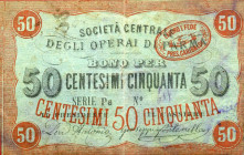 WAHRCARTAMONETA - MONETAZIONE D'EMERGENZA - Biglietti Fiduciari Parma (PR) Gav. 671 RR Società centrale degli operai di Parma - 50 centesimi
Società ...