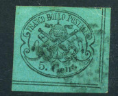 WAHRAREA ITALIANA - STATO PONTIFICIO - Antichi Stati 1867 Cent. 5 Stemma Pontificio - non dent. - azzurro verdastro - (16) - Cat. 400 € - Usato
 

...