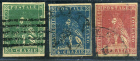 WAHRAREA ITALIANA - TOSCANA - Antichi Stati 1857 Leone mediceo - carta bianca - (12, 14/15) - Valori sciolti - il 12 firmato Chiavarello - Cat. 2000
...