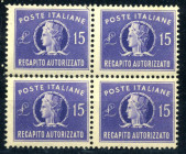 WAHRAREA ITALIANA - ITALIA REPUBBLICA - Recapito Autorizzato 1949 Turrita L. 15 - (10) - Quartina - Cat. 420 €
 

NN