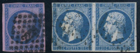 WAHREUROPA - FRANCIA - Posta Ordinaria 1853 - Napoleone III - 20 Cent. Azzurro su rosa Yvert 14 A g Un. 14 g Assieme a coppia del 14, ben marginato - ...