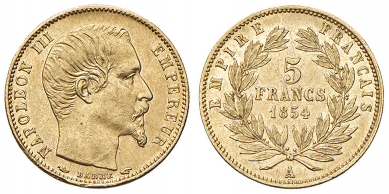 FRANCIA Napoleone III (1852-1870) 5 Franchi 1854 A - Gad. 1000 AU (g 1,59) R
SP...