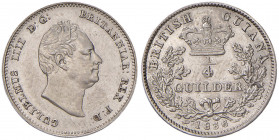 GUIANA BRITANNICA Guglielmo IV (1830-1837) Quarto di Guilder 1836 - KM 23 AG (g 1,94) RRR
qFDC