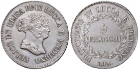 LUCCA Elisa Bonaparte e Felice Baciocchi (1805-1814) 5 Franchi 1805 - Gig. 1 AG (g 24,92)
SPL+