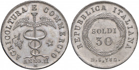 MILANO Repubblica italiana (1802-1805) Progetto del 30 Soldi Anno II Bordo liscio - Luppino PP 860 Piombo (g 5,85) RRRRR Graffietti.
 qFDC