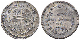 Clemente XIV (1769-1774) Bologna - Carlino da 5 bolognini 1771 - Munt. 19 AG (g 1,41) RRR Lievissime ondulazioni del tondello.
BB+