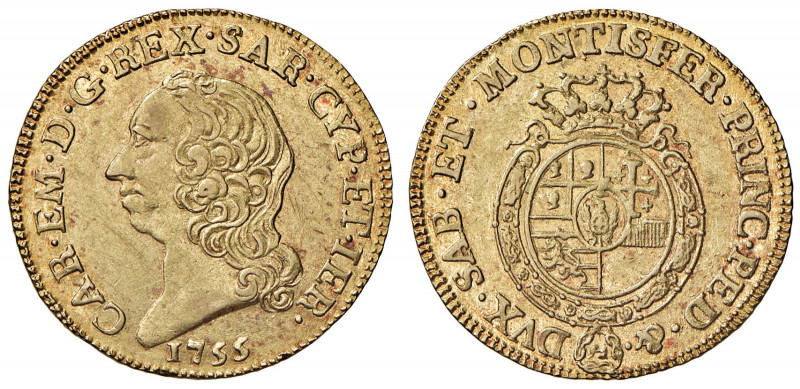 Carlo Emanuele III (1755-1773) Doppia 1755 - Nomisma 112 AU (g 9,63)
SPL/SPL+