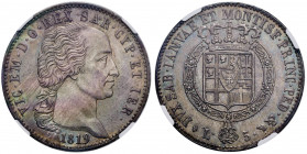 Vittorio Emanuele I (1814-1821) 5 Lire 1819 - Nomisma 518 AG R Conservazione eccezionale con bellissima patina iridescente. In slab NGC MS65+ (Top Pop...