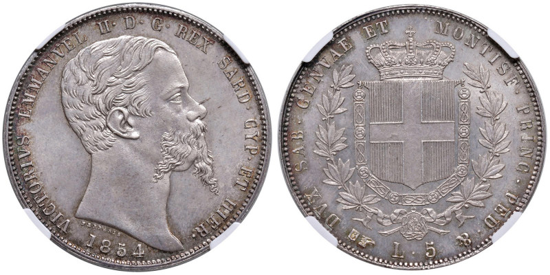 Vittorio Emanuele II (1849-1861) 5 Lire 1854 T - Nomisma 779 AG R In slab NGC MS...