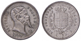 Vittorio Emanuele II re eletto (1859-1861) 50 Centesimi 1859 B - Nomisma 834 AG R Un insignificante graffietto al D/ ma splendido esemplare con una be...