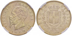 Vittorio Emanuele II (1861-1878) 20 Lire 1870 T - Nomisma 858 AU RR In slab NGC MS62 numero 5882527-049.
SPL+/qFDC