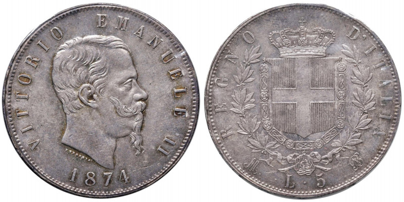 Vittorio Emanuele II (1861-1878) 5 Lire 1874 M - Nomisma 896 AG Perizia Cavalier...