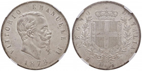 Vittorio Emanuele II (1861-1878) 5 Lire 1878 - Nomisma 902 AG Conservazione eccezionale! In slab NGC MS65+ (Top Pop) numero 5882527-082. Ad oggi il mi...