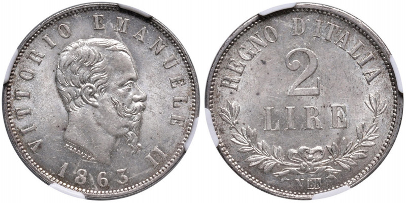 Vittorio Emanuele II (1861-1878) 2 Lire 1863 N Valore - Nomisma 907 AG In slab N...