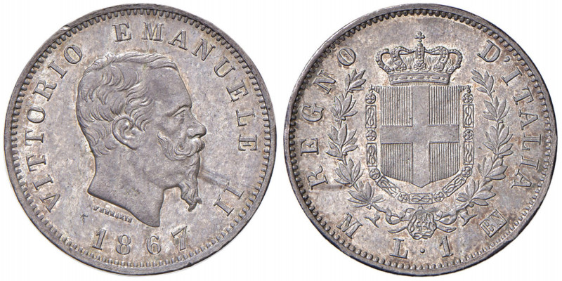 Vittorio Emanuele II (1861-1878) Lira 1867 M - Nomisma 915 AG Bellissimo esempla...