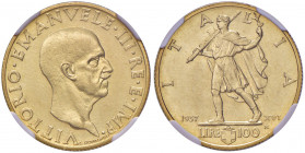 Vittorio Emanuele III (1900-1946) 100 Lire 1937 - Nomisma 1060 AU RRRR Tiratura di soli 249 esemplari. In slab NGC numero MS63 numero 5775474-009.
FD...