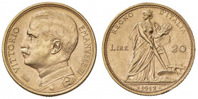 Vittorio Emanuele III (1900-1946) 20 Lire 1912 oro rosso - Nomisma 1078 AU RR Graffietto al bordo.
qFDC