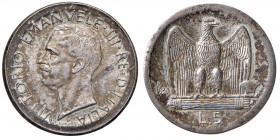 Vittorio Emanuele III (1900-1946) 5 Lire 1930 - Nomisma 1138 AG RR Coniato fuori virola. Colpetto al bordo.
SPL