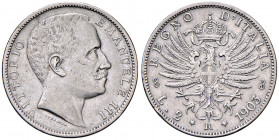 Vittorio Emanuele III (1900-1946) 2 Lire 1903 - Nomisma 1153 AG RRR Segnetto sul volto. Colpetti al bordo.
BB