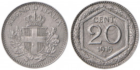 Vittorio Emanuele III (1900-1946) 20 Centesimi 1919 Esagono Bordo liscio - Nomisma 1291 NI Evidenti tracce della moneta sottostante (20 Centesimi 1894...