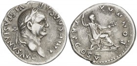 (74 d.C.). Vespasiano. Denario. (Spink 2300 var) (S. 364) (RIC. 77). 3,11 g. Atractiva. EBC-/EBC.