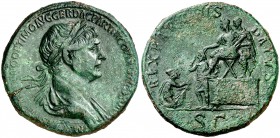 (116 d.C.). Trajano. Sestercio. (Spink 3191) (Co. 328) (RIC. 667). 22,22 g. Muy escasa. MBC+.