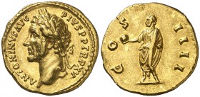 (151-152 d.C.). Antonino pío. Áureo. (Spink 4004) (Co. 305) (RIC. 206) (Calicó 1518). 7,06 g. Leves incisiones en canto. EBC-.