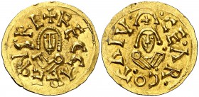 Recaredo I (586-601). Caesaraugusta (Zaragoza). Triente. (CNV. 120.17) (R.Pliego 72d). 1,48 g. Rara. EBC-.