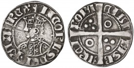 Jaume II (1291-1327). Barcelona. Croat. (Cru.V.S. 335.1 var) (Badia 52) (Cru.C.G. 2152a). 2,81 g. Busto ancho. Dos-cuatro-cuatro y dos anillos en el v...