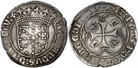 Fernando I (1512-1516). Navarra. Real. (Cru.V.S. 1317.11 var) (Cru.C.G. 3221 var). 3,32 g. Leves defectos del cospel. Buen ejemplar. MBC+.