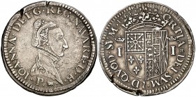1565. Baja Navarra. Juana d'Albret. Pau. 1 testón. (D. 1305 var). 9,28 g. Dos pequeñas grietas y rayitas. Rara. (MBC+).