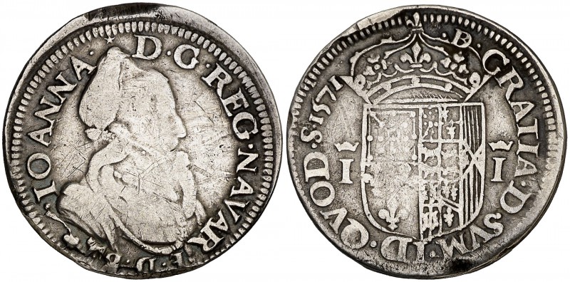 1571. Baja Navarra. Juana d'Albret. Pau. 1 testón. (D. 1307). 9,31 g. Rayitas. R...