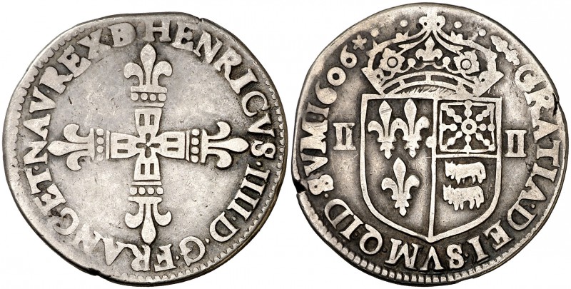 1606. Baja Navarra. Enrique III de Navarra, IV de Francia. 1 franco. 9,26 g. Muy...