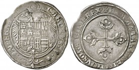s/d. Carlos I. Barcelona. 3 reales. (Cal. 29) (Cru.C.G. falta). 8,57 g. Acuñada para la expedición a Túnez. Pequeño defecto de cospel. Ex Áureo & Cali...